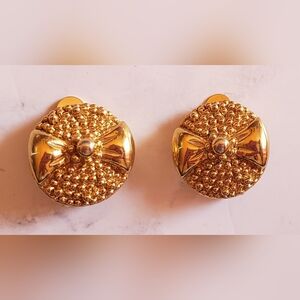 Nina Ricci Signed Vintage Gold Bow Beaded Clip-on Earrings